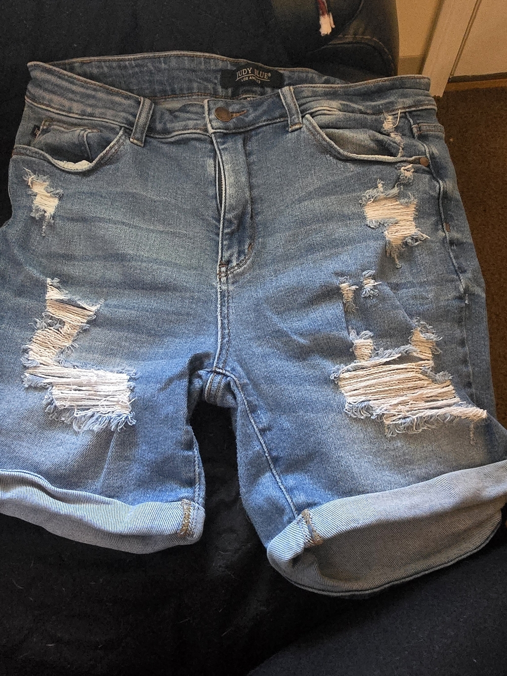 Judy Blue Medium Blue Distressed Rolled Cuff Denim Shorts